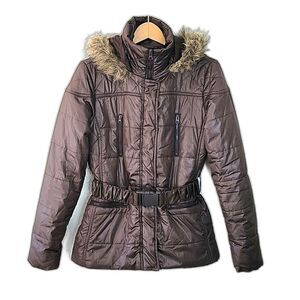 2B BEBE Brown Quilted Puffer Jacket Faux Fur Hood Belted Waist size M